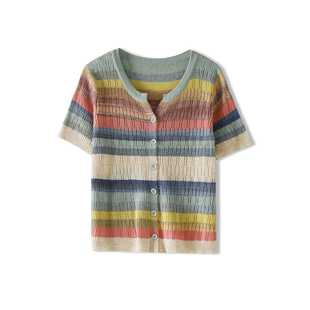 KiKi粉丝夏季精纺羊毛多巴胺色织工艺条纹T恤短袖2S095-1