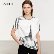 Amii2024夏减龄蝴蝶结圆领短袖条纹T恤女宽松撞色休闲上衣