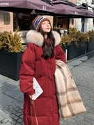 红色长款羽绒服女冬季2023大毛领白鸭绒过膝超厚保暖保暖外套