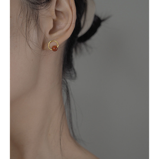 hzyeyuan红玛瑙耳钉养耳洞复古网红耳环设计感925银，耳饰女11062