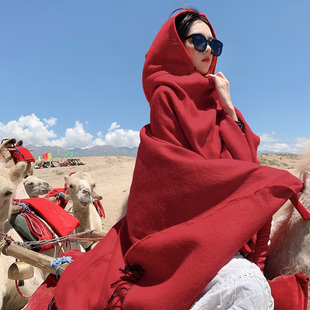 民族风披肩女云南丽江新疆西藏沙漠旅游拍照毯子，红色连帽斗篷披风