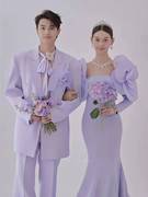 2023展会紫色影楼摄影婚纱情侣，写真高订韩式鱼尾花朵拍照彩纱