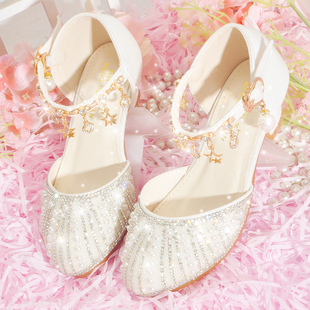 儿童高跟鞋女童闪亮鞋花童婚礼小女孩鞋子软底，公主水钻银色水晶鞋