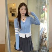 学院风假两件V领长袖针织衫女春季韩版设计感气质修身上衣ins