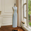 改良版立领无袖撞色旗袍女蓝色，优雅长款修身聚会礼服连衣裙大品牌
