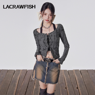 lacrawfish破坏感假两件挂脖绑带，修身长袖t恤暗黑酷飒辣妹上衣女