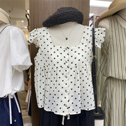 小个子波点衬衫女2023夏季韩版宽松显瘦单排扣小飞袖方领上衣