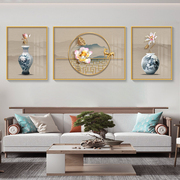 新中式家和万事兴电视沙发背景墙挂画荷花寓意好客厅大三联装饰画
