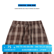 xman夏季2024港风复古格子，短裤女生百搭休闲美式直筒五分裤子