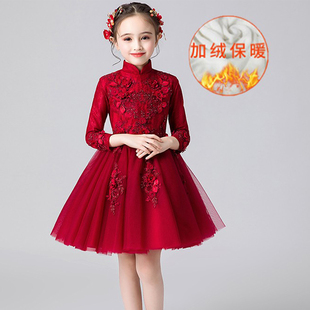 女童礼服公主裙花童婚纱，洋气儿童红色，生日气质主持演出服长袖冬季