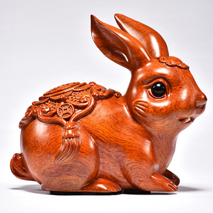 花梨木雕兔子木质红木，实木动物摆件生肖福财古风，红木装饰手作道具