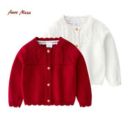 auromesa秋季针织毛线，外套女童大红纯棉针织披肩韩版针织衫