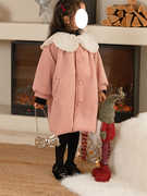 韩版童装女童毛呢大衣冬季小女孩洋气加厚中长款花瓣领外套潮