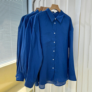 蓝色亚麻衬衫女夏季薄款设计感休闲宽松棉麻衬衣防晒开衫外套