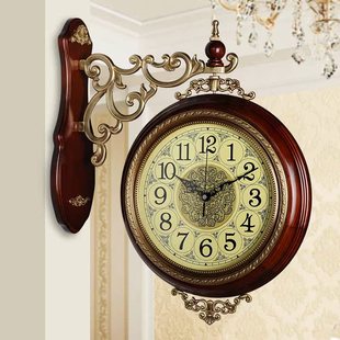 纯铜实木双面挂钟客厅大号美式钟表豪华欧式时钟创意壁挂静音挂表