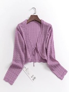 B023纯色镂空钩花系带显瘦短款开衫秋季长袖罩衫女针织衫