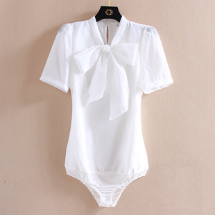 23款夏季法式浪漫气质OL小众设计感蝴蝶结连体衬衫女白色短袖