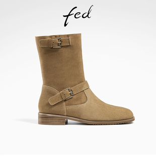 fed皮带扣西部靴冬季靴子粗跟时装靴中筒靴女款R1102-ZFA332