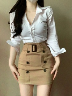 纯欲JK收腰白色长袖修身衬衫女韩版衬衣设计感纽扣半身包臀裙套装
