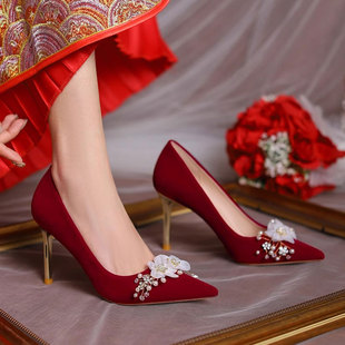 红色婚鞋新娘鞋2024年高跟鞋秀禾结婚礼婚纱，两穿用敬酒高跟鞋