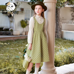 女童假两件连衣裙2023秋装绿色，儿童娃娃领公主，裙女孩格纹裙子