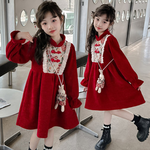 女童加绒连衣裙2024秋冬儿童洋气长袖红色拜年服复古立领公主裙