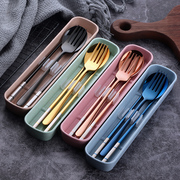 304不锈钢筷子勺子套装叉子，可爱上班旅行便携式学生餐具盒三件套