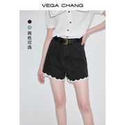 vegachang牛仔裤女2024年夏季复古时髦设计感蕾丝花边短裤