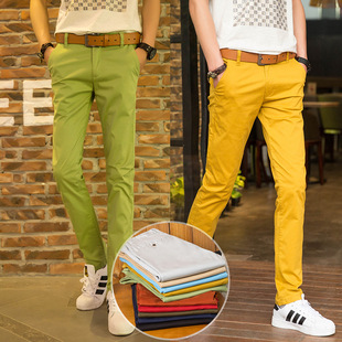 夏季薄款黄色男士休闲裤绿色韩版修身小脚显瘦纯棉，弹力彩色长裤子