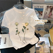白色印花花朵纯棉短袖t恤女潮ins2022夏季设计感百搭体恤上衣