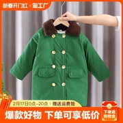 儿童军绿色大衣加绒加厚中长款男童，复古外套女宝宝，老式棉衣雷锋帽