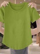 绿色纯棉短袖T恤女夏季显瘦弧形下摆体恤薄荷曼波不规则上衣