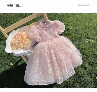 女童连衣裙2024夏季儿童，中式蓬蓬公主裙女宝宝，网纱长裙子纱裙