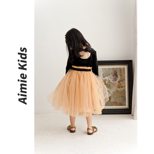 aimiekids2021秋女童，橘粉色纱裙蓬蓬裙，黑色蝴蝶结丝绒小众套装