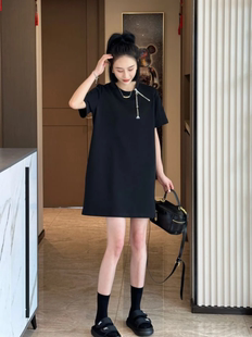 欧货2023夏黑色(夏黑色)太空棉t恤连衣裙女小众，设计感宽松中长款裙子