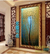 欧式纯手绘客厅有框画玄关竖版装饰画，立体发财树油画走廊过道挂画