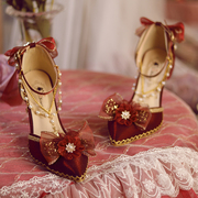 原创一夜物语lolita鞋红色，花嫁尖头细跟新娘，结婚高跟洛丽塔鞋