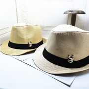 夏季遮阳帽男士草编帽高顶大头围兔子标米色61厘米草大码礼帽