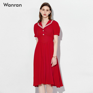 2024夏装时尚气质海军风翻领泡泡袖高腰显瘦大摆红色连衣裙