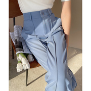 蓝色西装阔腿裤女夏季2024高腰，窄版直筒裤，垂感高级感休闲长裤