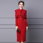 智丽高级感连衣裙春季2024年漂亮水溶蕾丝长袖，打底红色长裙子