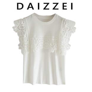 daizzei~2022夏季镂空刺绣，蕾丝拼接精致白色短袖，棉t恤女上衣