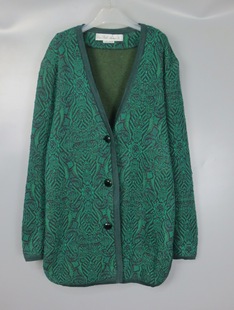 Vintage 古着中古日本90s秋冬季深绿色暗纹提花开衫羊毛毛衣