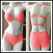 高品质欧美荧光橙胸垫钢托大小胸聚拢比基尼性感沙滩bikini泳衣女