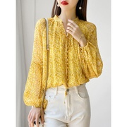 d17黄色碎花宽松衬衫，夏薄设计感小众春秋上衣女装潮