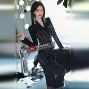 高级感名媛风法式亮片，拼接丝绒西装，套装2023礼服外套一步裙两件套
