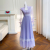 紫色方领度假风法式长裙女拼接网纱长袖立体收腰雪纺连衣裙高级感