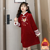 女童中国风连衣裙儿童，过年衣服春冬汉服红色，新年拜年服加绒旗袍裙