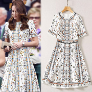 凯特王妃明星同款女装夏季复古高级感裙子收腰短袖印花连衣裙