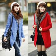 秋冬韩版女装加绒加厚麻花修身带帽中长款针织衫毛衣开衫外套